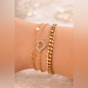 Gold Tone Adjustable Bracelet Stack | Heart Charm & Chain Bracelets